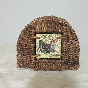 Vintage Farmhouse Woven Straw Chicken Napkin Holder Rustic Country Kitchen Decor